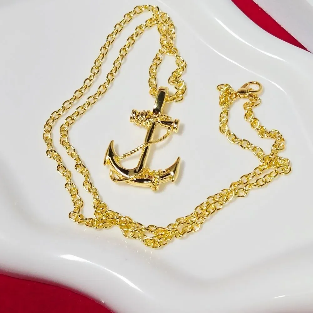 Gold Maritime Anchor Pendant Necklace | Nautical Rope Design Navy Inspo Jewelry